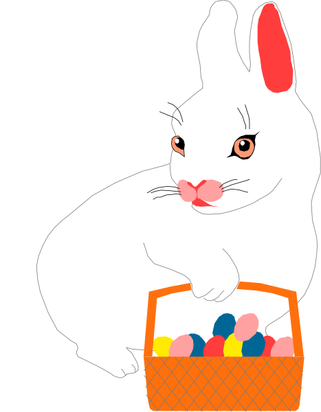 The image features a white cartoon bunny sitting inside an orange basket filled with colorful Easter eggs.