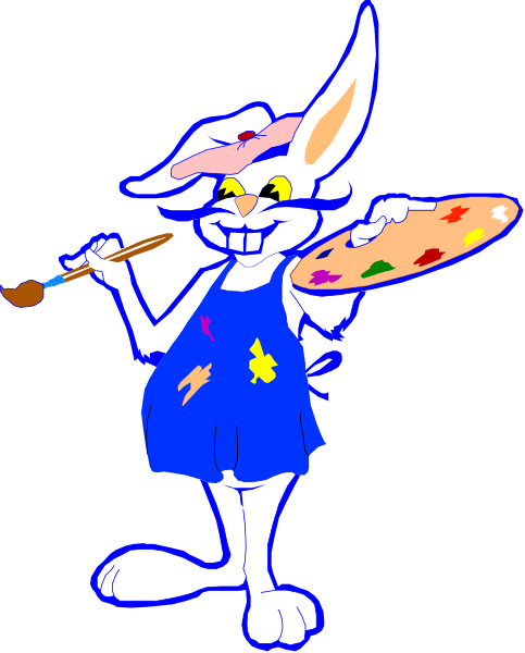 The cartoon depicts a rabbit dressed as an artist holding paintbrushes with colorful bristles while standing in front of what appears to be a canvas on an easel.