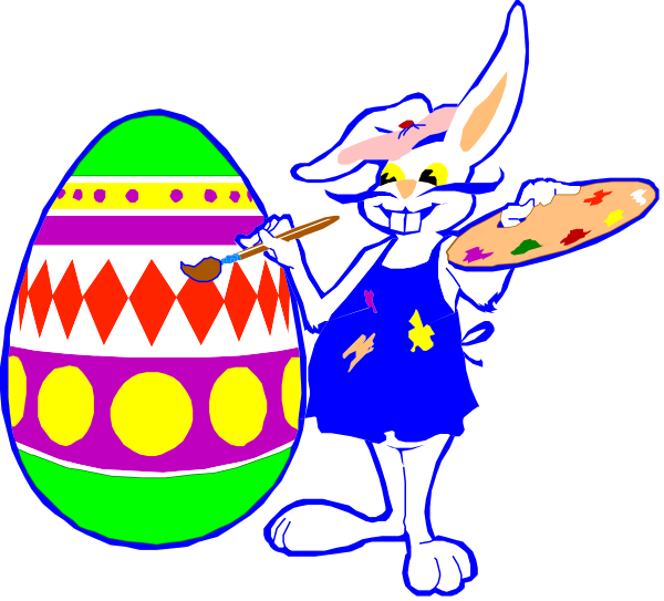 The image features a cartoon rabbit holding paintbrushes while standing next to two Easter eggs with colorful designs; there is no text present in this clip-art illustration.