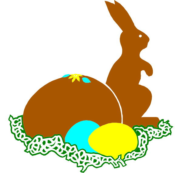 The image shows a cartoon of an Easter bunny sitting next to three colorful eggs with designs on them inside what appears to be a basket-like structure that resembles grass.