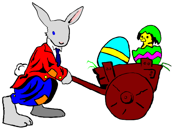 The cartoon depicts a rabbit dressed as Robin Hood standing next to an Easter bunny with eggs inside its basket in front of a red wagon on what appears to be a dark background.