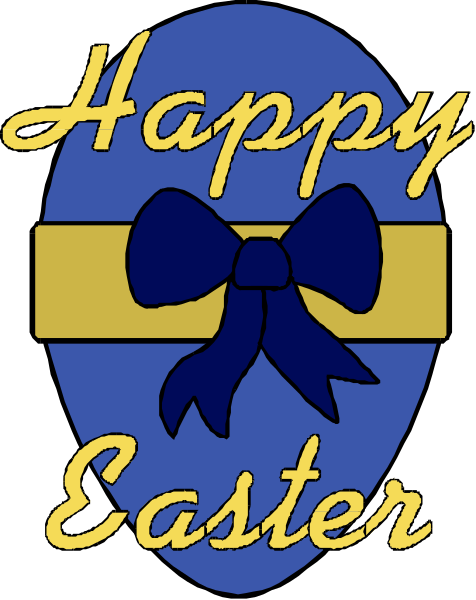 The image shows a graphic with text that reads "Happy Easter" at top inside an oval frame, followed by two lines of blue ribbon tied in bows on either side; below this is another line reading "Easter," and beneath it all is a large bow tie design resembling the shape of a shield. The background color behind these elements appears to be white or light gray with no additional details visible beyond what has been described above.