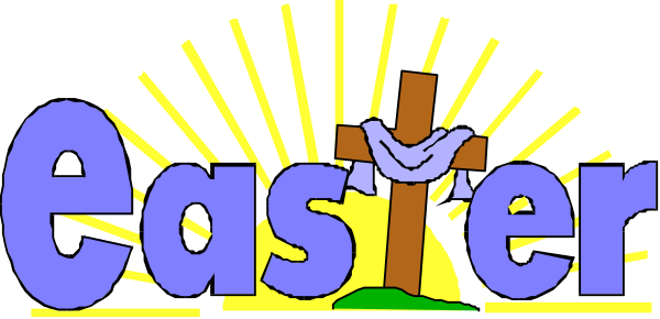 The image shows a graphic with text that reads "Easter" at the top of an Easter cross silhouette against a sunset background featuring rays emanating from behind it.