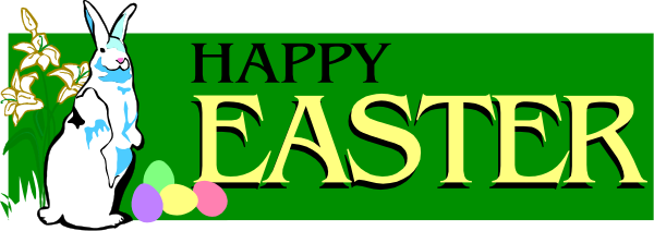 The image shows a graphic with an Easter greeting that includes text "Happy Easter" along with cartoon bunny characters on either side of the word 'Easter'.