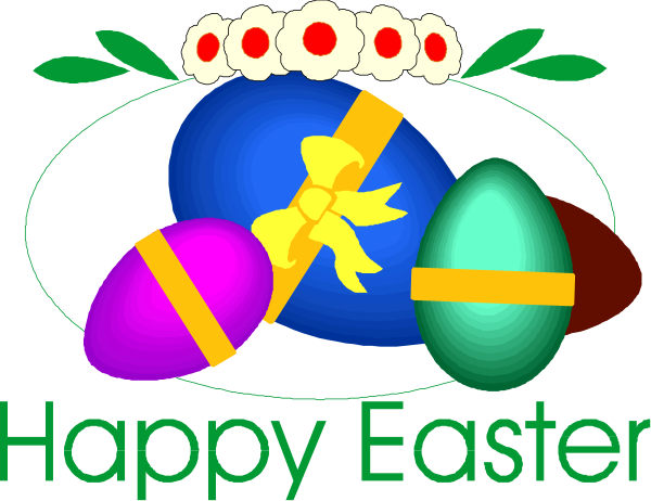 The image features a colorful Easter greeting card with an illustration of three eggs on top: two blue ones adorned with bows in shades of purple and pink respectively; one brown egg decorated like a chocolate bar, also featuring a bow but this time it's white. Below the eggs is text that reads "Happy Easter" along with some decorative elements such as flowers and leaves around them to enhance their festive appearance.