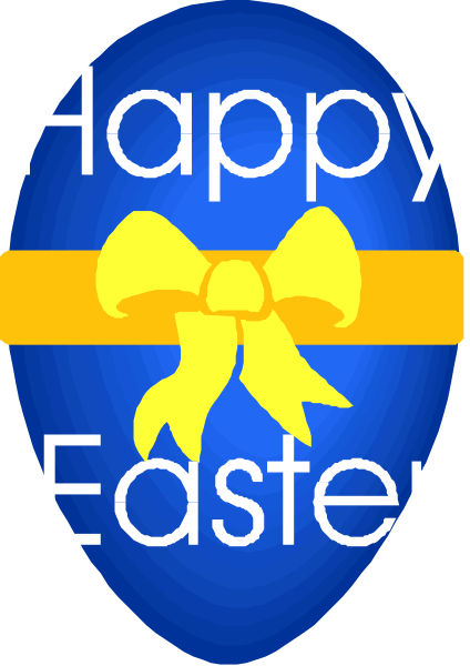 The image shows a graphic with text that reads "Happy Easter" at top, followed by an illustration of two blue ribbons tied together in front of what appears to be a gift box on the right side.