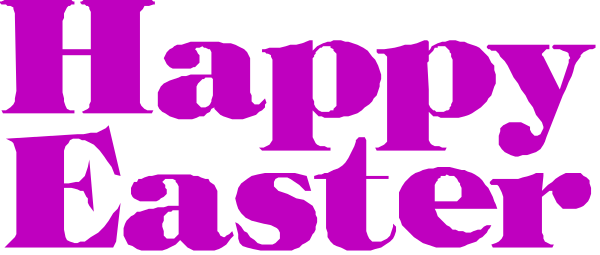 The image shows a purple text that reads "Happy Easter" with an illustration of two eggs on either side at top right corner against white background.