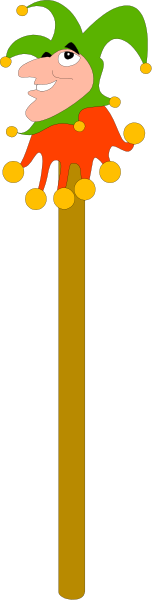 The image shows a cartoon character with clown makeup riding on top of an arrow that is pointing to its right side.