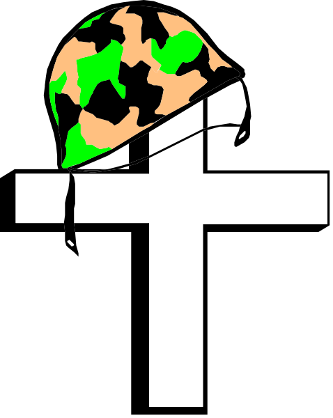 The image shows a black cross with white borders on top of which there's an illustration of a camouflage helmet topped by what appears to be a green leafy plant resembling grass, and below it is another symbol that looks like a globe in shades of brown and tan.
