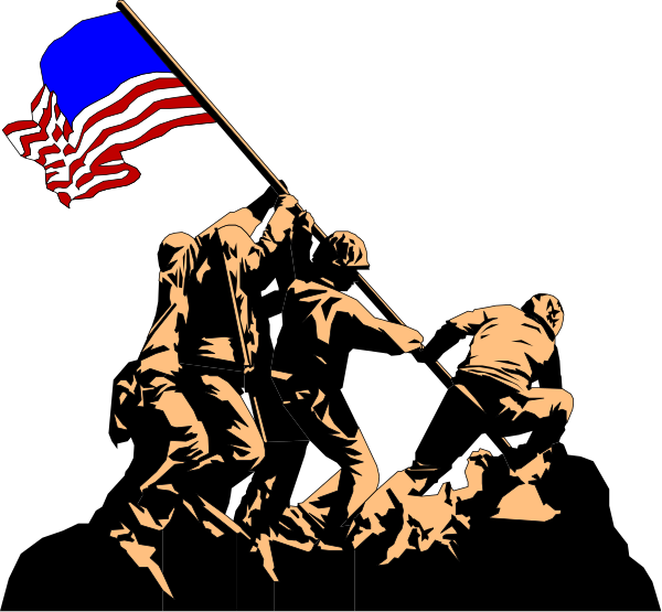 The black and white illustration depicts a group of soldiers carrying an American flag during what appears to be World War II, with one soldier in front holding up his rifle as if aiming at something off-frame while others follow behind him; there is no visible text or additional context provided within the image.