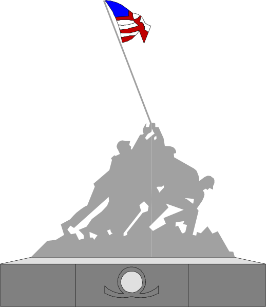 The image shows a black and white pixelated representation of an American flag on top of what appears to be a monument with silhouettes that resemble soldiers in front of it; there is also text at bottom right corner, but its content isn't legible due to resolution limitations.