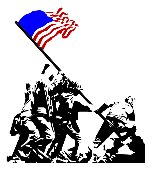 The black and white poster features a group of soldiers raising an American flag during what appears to be World War II, with smoke rising in the background from explosions on the ground below them.