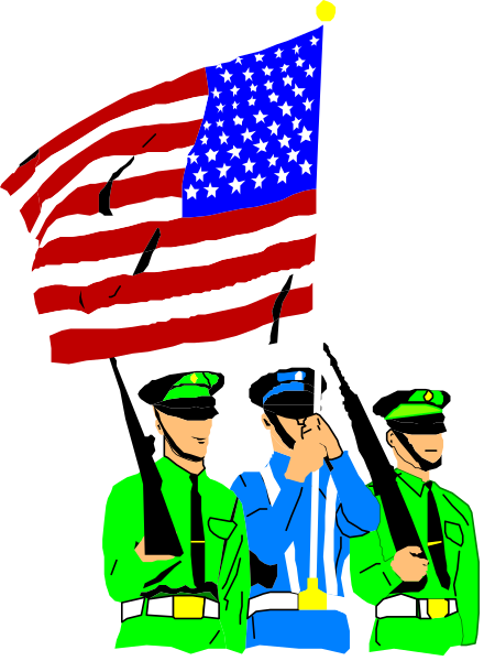 The image shows a black and white illustration of three individuals saluting an American flag with military uniforms on; two men in front holding rifles while one man stands behind them wearing sunglasses and also dressed as law enforcement, all standing together under the national emblem.