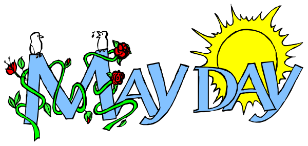 The image shows a banner with text that reads "MAY DAY" at its center against an illustration of sun rays on either side.