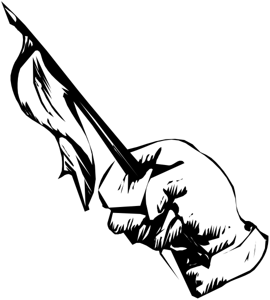 The black and white silhouette of a person holding an object that resembles a pen with ink flowing from it onto paper below them.