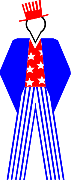 The image shows a cartoon of Uncle Sam with stars on his hat standing next to an American flag pole.
