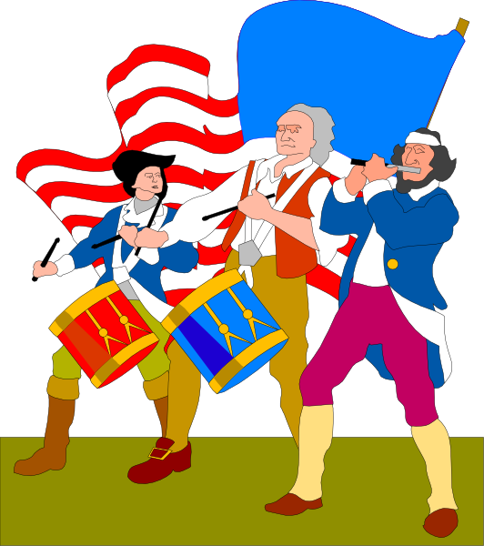 The illustration depicts three historical figures dressed as American patriots from a bygone era; two of them hold drums while one holds an American flag with stars and stripes in his hand. They appear to be performing, possibly at a public event such as a parade or celebration due to their attire and the presence of musical instruments.