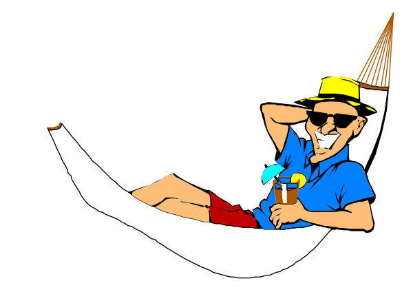 The image shows a cartoon of an animated man lounging on a hammock with his legs crossed over each other while holding onto what appears to be a drink in one hand. He is wearing sunglasses and has facial hair, suggesting he might have a beard or mustache. His attire includes shorts and the top part seems like it could possibly be an open shirt. The background of this image is black with no additional details provided about setting or objects around him other than his hammock which appears to be white in color.