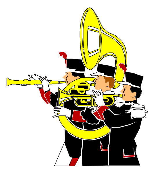 The image shows a black and white illustration of three musicians playing instruments: on the left is an accordion player with his hands positioned over buttons; in the middle stands a trombone player holding up two valves to play notes, wearing red uniform pants adorned with gold trim at the bottom edge; and on the right side there's another musician who appears to be playing trumpet or cornet. The musicians are depicted as part of an ensemble that includes other members not visible in this image.