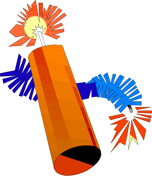 The image shows a colorful fireworks display with various shapes of rockets flying through an orange tube that resembles a launcher.