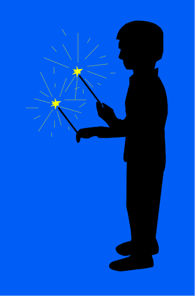 The image shows a black silhouette of an adult figure holding two wands with sparks at their ends against a blue background on the left side; there is no text present in this clip-art illustration, and it does not depict any actions or setting beyond what has been described above.