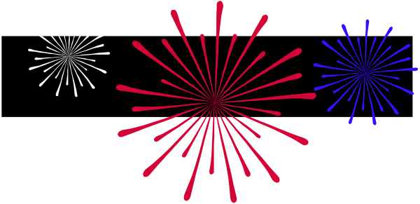 The image shows a black banner with three fireworks on it: two red ones at top left and right corners, and one blue in center bottom corner; all against white background.