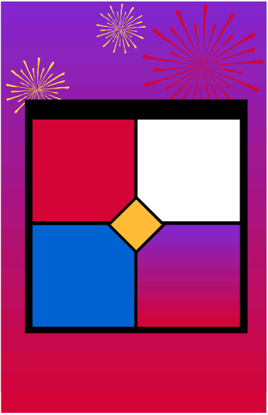 The image shows a colorful graphic with fireworks exploding above an open book that has been digitally altered to include red, white, blue, yellow, green squares on its pages; there is also text in various fonts and sizes overlaid across it.