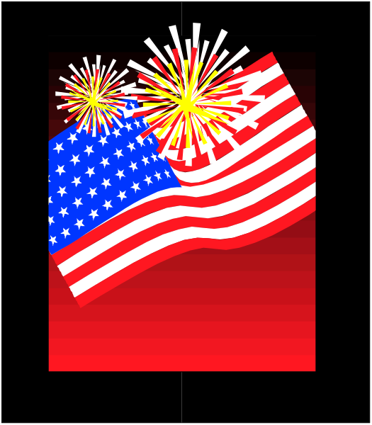 The image shows a graphic representation of an American flag with fireworks exploding above it against a red background on what appears to be Independence Day celebration card.
