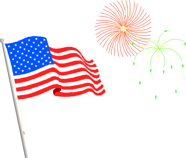 The image shows a digital representation of an American flag on top left corner with fireworks exploding below it against a black background in lower right corner.