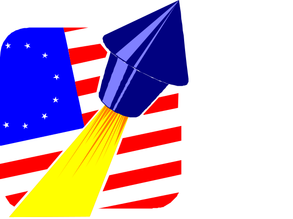 The image shows a graphic of two missiles with American flags on them flying over an illustration that resembles the United States flag in black silhouette against a white background.