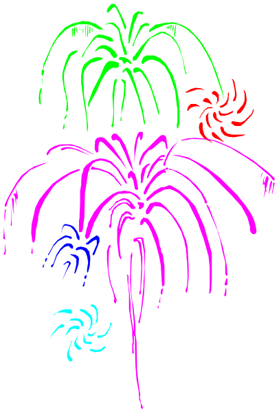 The image shows a black background with three fireworks exploding at different heights against it; each has multiple colored sparks emanating from them in various hues including red, green, blue, purple, and pink.