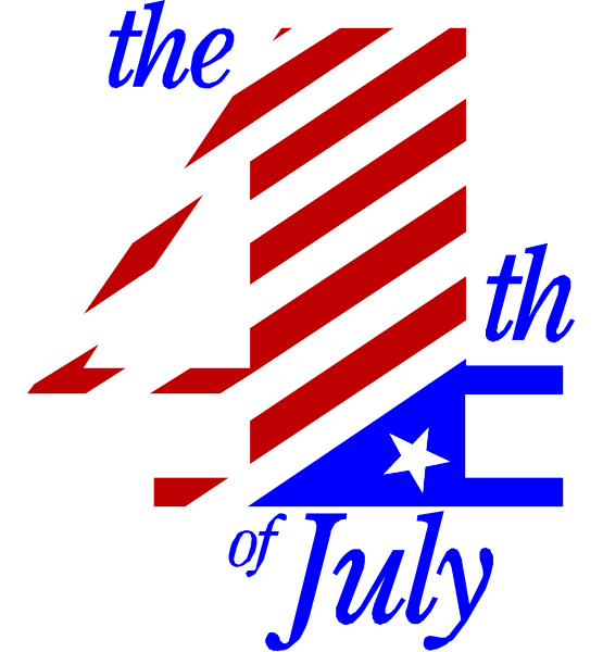 The image features a graphic design with an American flag motif on top of what appears to be a baseball cap visor. Below this is text that reads "THE FOURTH OF JULY" in bold, capitalized letters and includes a small illustration or icon resembling the number 4 inside it. The background behind these elements has a gradient from dark at the bottom to lighter towards the top of the image. There are no other objects, people, animals, actions, or settings visible within this clip-art design.
