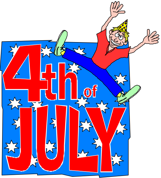 The image features a cartoon illustration of an animated character jumping over text that reads "4th Of July" with stars in the background representing fireworks.