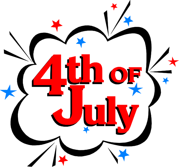 The image displays a graphic with text that reads "4th of July" at the center against a black background featuring stars in red white blue pattern around it.