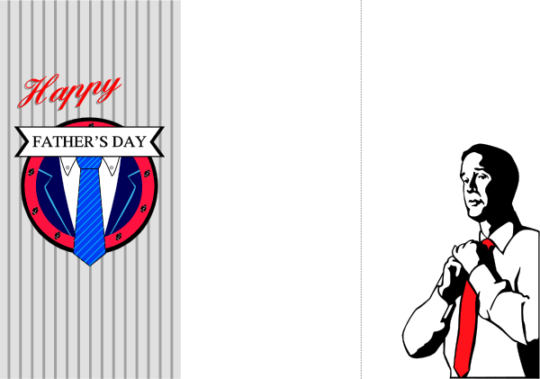 The image shows a Father's Day card with two panels: on top is an illustration of a man wearing glasses holding up his finger in front of him; below that panel is another depicting three people, one standing and looking at something off-camera while others sit behind her. Both images are set against black backgrounds with white text overlayed across them. The upper image has the words "Happy Father's Day" written on it in a stylized font that resembles handwriting; below this, there is an emblem featuring what appears to be two