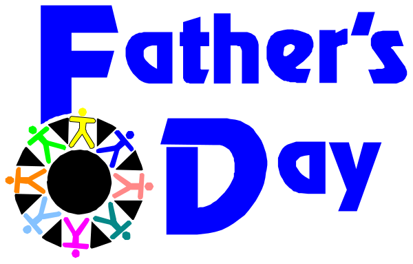 The image features a graphic with text that reads "Father's Day" at top right corner of an oval shape containing colorful confetti-like designs resembling stars around it.