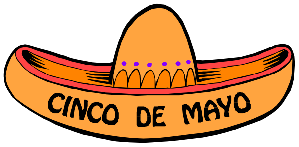 The image shows a cartoon depiction of two sombreros with text that reads "CINCO DE MAYO" on them in Spanish script, placed against an orange background.