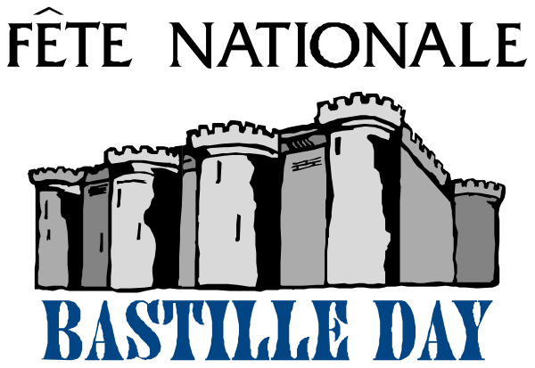 The logo for Bastille Day features a castle with towers on either side of it underlined by three bridges; above this image is text that reads "Bastille day."