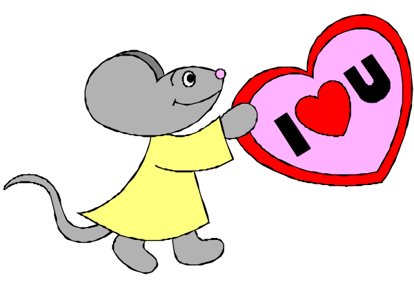 The image shows a cartoon mouse holding up a red heart with "I love you" written on it while standing next to another smaller pink heart that says nothing.
