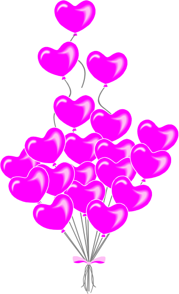 The image shows a bouquet of pink balloons with hearts on them against a black background.
