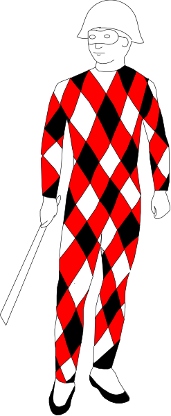 The image shows a person dressed as Harlequin with red and black checkered pattern on their outfit standing next to an open door in what appears to be a dimly lit room.