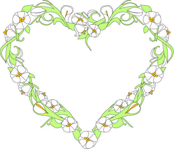 The image shows a black background with an intricate white floral border surrounding a heart filled with small flowers at its center.