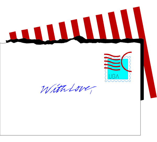 The image shows a collection of items related to mailing: an envelope with "USA" written on it; two greeting cards featuring American flags in red white and blue color scheme; one card is signed by someone named William, as indicated by handwritten text at bottom right corner; the other card has no visible signature.