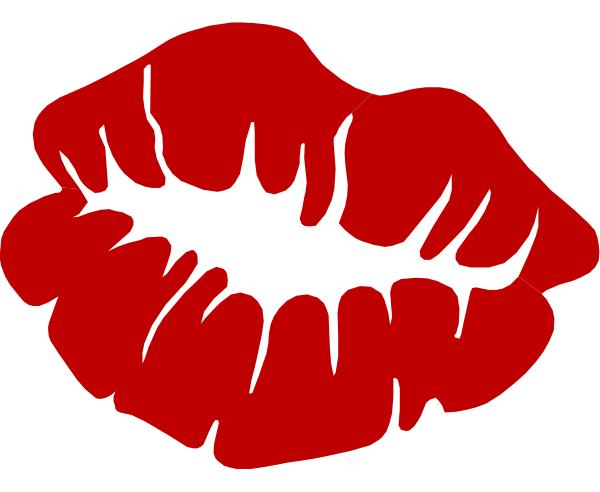 The image shows a red lipstick kiss mark with white teeth design on it against a black background.