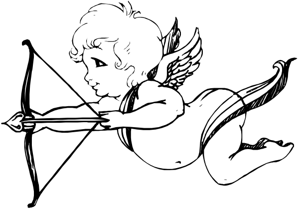 The black and white illustration shows a cartoon angel with wings holding an arrow, flying over what appears to be a castle-like structure in front of which stands another figure that seems like it could represent Cupid due to its bow shape on top of head.