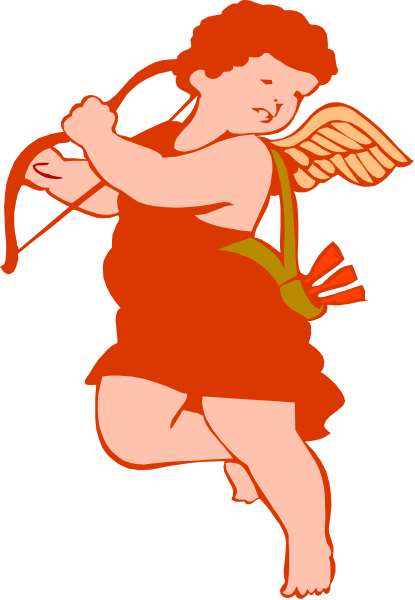 The image shows a cartoon of Cupid with wings holding an arrow, depicted against a red background that resembles flames.