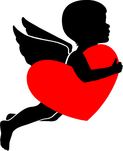 The image shows a black silhouette of an angel holding a red heart with wings on either side against a dark background.