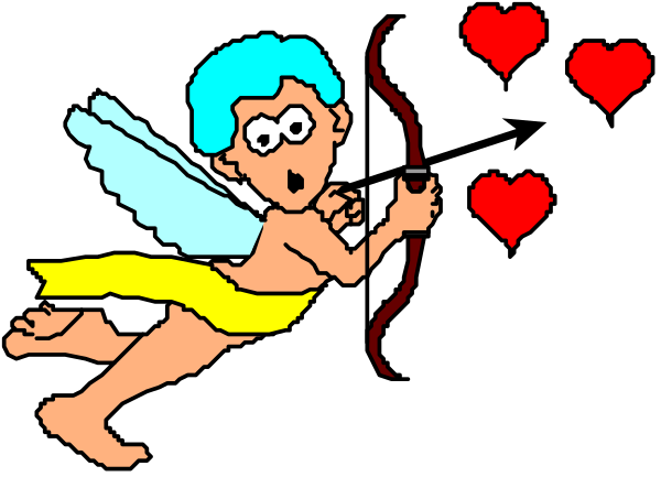 The image shows two cartoon characters resembling Cupid figures with wings; each is holding a heart-shaped arrow in their hands while flying towards one another against an empty black background.