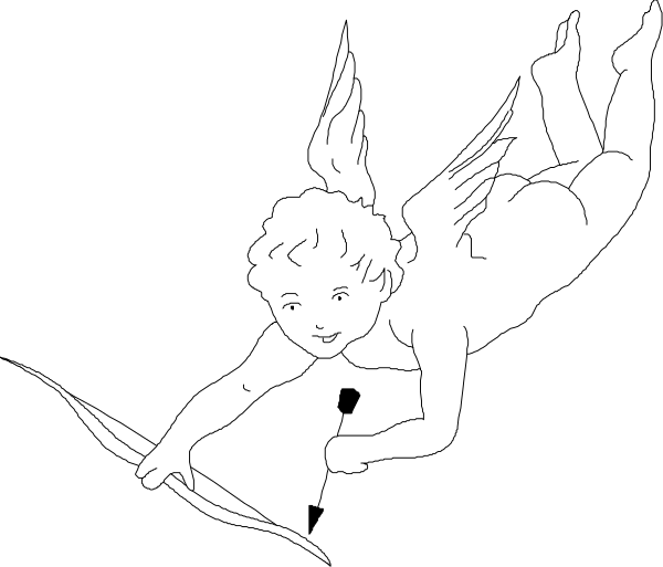 The black and white illustration shows an angel with wings flying over a body of water while holding onto a rope that is attached to something below it in the background.