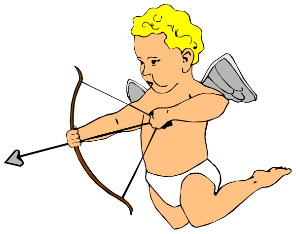 The black and white illustration shows a baby with blonde hair holding two arrows crossed over its body while standing on what appears to be an archery target in front of it.